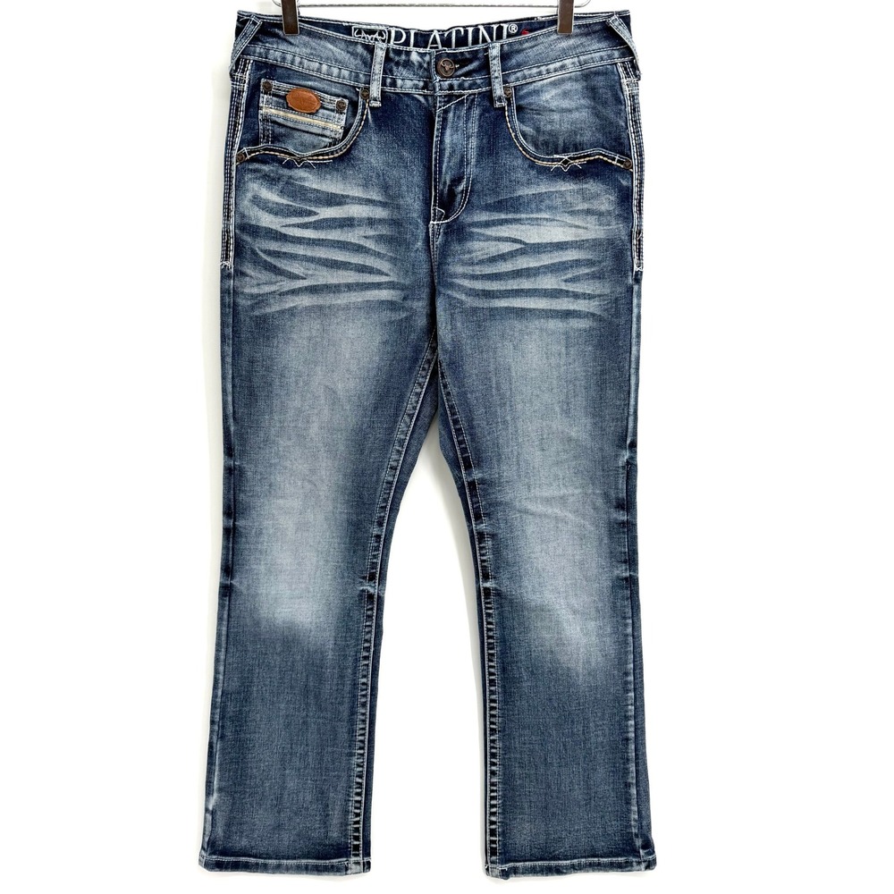 Platini Bootcut Jeans Mens 32x30 Western Blue Whiskered Embroidered Thick Stitch